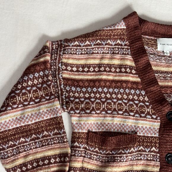 Pink Rose Fair Isle Pattern Cardigan Sweater Size L Women’s Button-Front Cropped - Picture 3 of 12